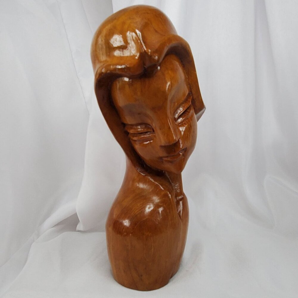 VTG Mid-Century Art Deco Carved Wood Women Female Bust Sculpture Handcrafted 8" - Picture 6 of 14